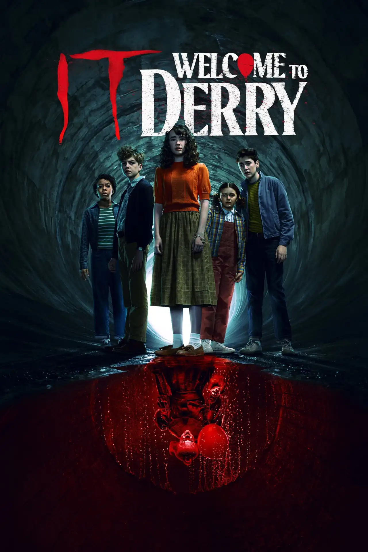 Промо-арт сериала: дети стоят в туннеле над отражением Пеннивайза